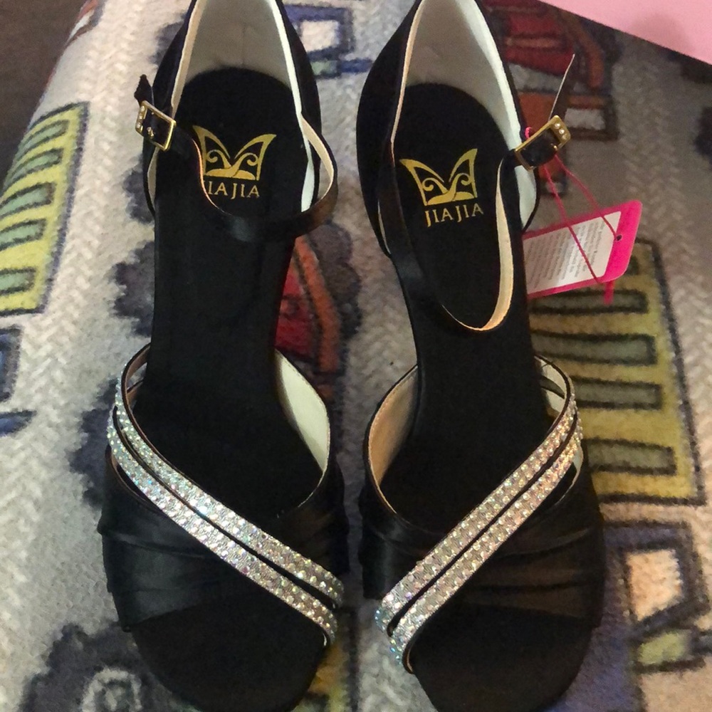 Black satin heeled sandals